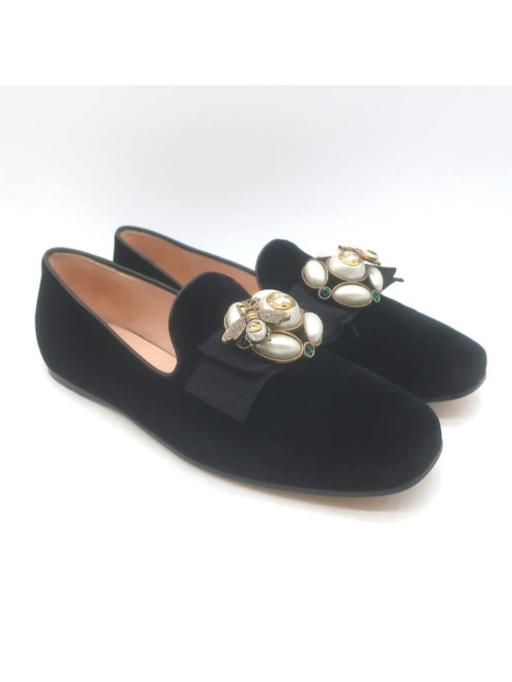 Gucci Etoile Faux Pearl & Bee Embellished Velvet Loafers Black Size 38